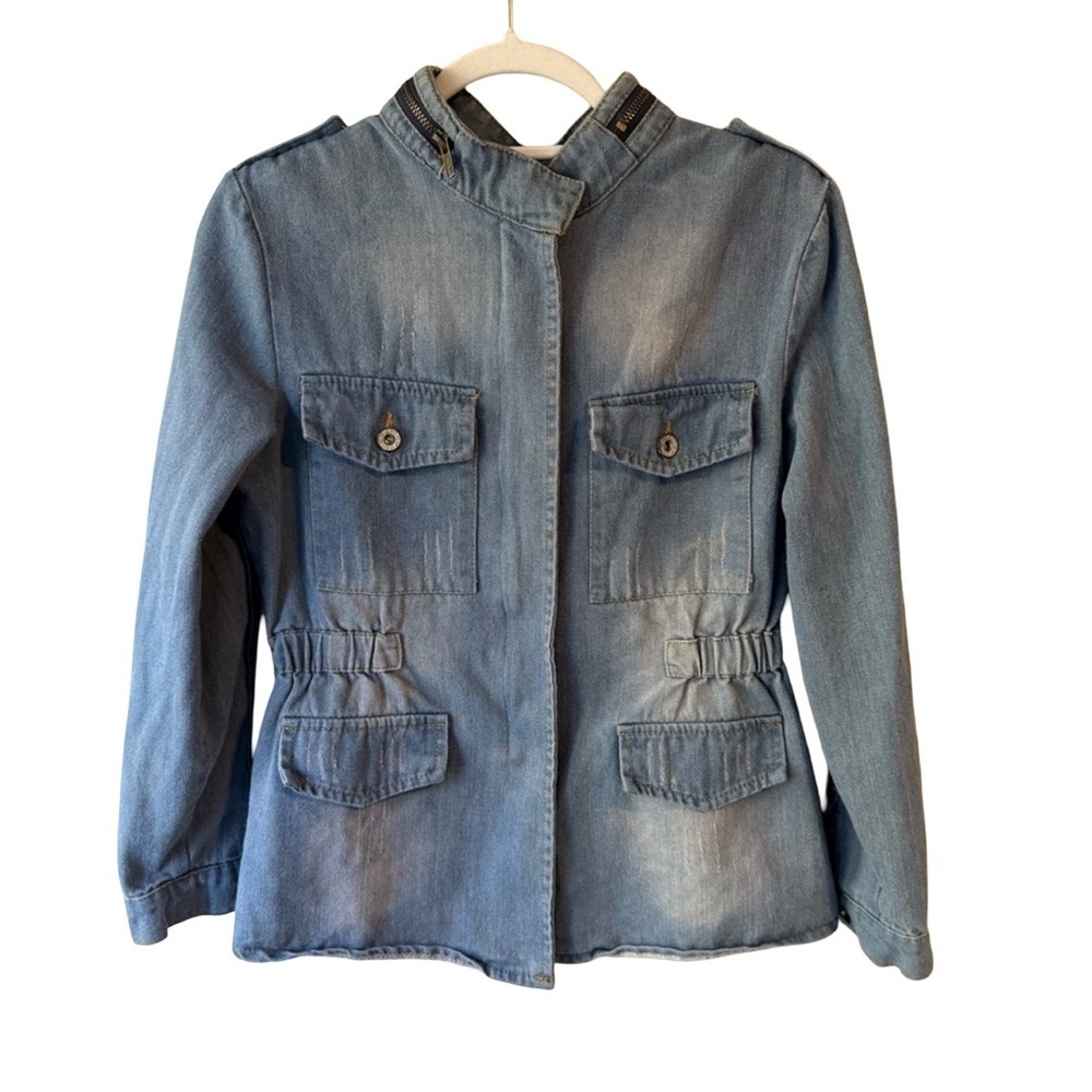 Source Unknown Distressd Blue Jean Jacket Size S or M Streetwear - Picture 2 of 12